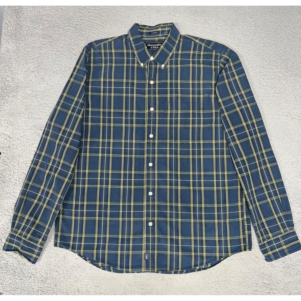 VTG Abercrombie & Fitch Shirt Men's Sz L Blue Plaid Check Muscle Fit Button Up